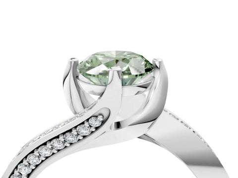 White gold Fancy Green Oval Cut Solitaire Diamond Twist Band with Pavé Setting and Four-Prong Setting_4