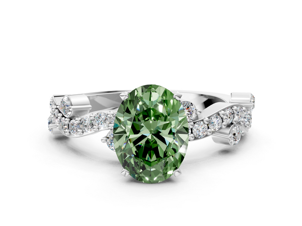 Platinum Fancy Green Oval  Cut Solitaire Diamond Twisted Band with Pave Setting