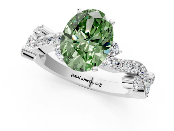 Platinum Fancy Green Oval  Cut Solitaire Diamond Twisted Band with Pave Setting