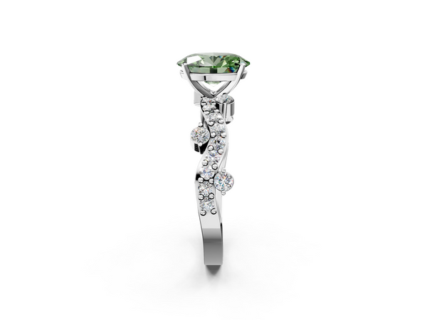 Platinum Fancy Green Oval  Cut Solitaire Diamond Twisted Band with Pave Setting