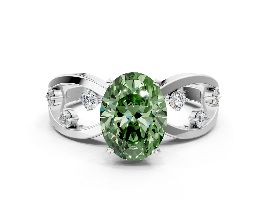 White gold Fancy Green Oval  Cut Solitaire Diamond with Side Stones on Criss-Cross Band and Four-Prong Setting_3