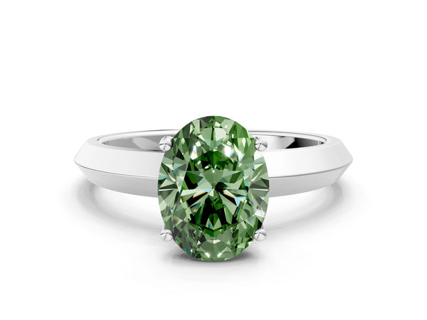 White gold Fancy Green Oval  Cut Solitaire Engagement Ring with Flat Band and Four-Prong Setting
