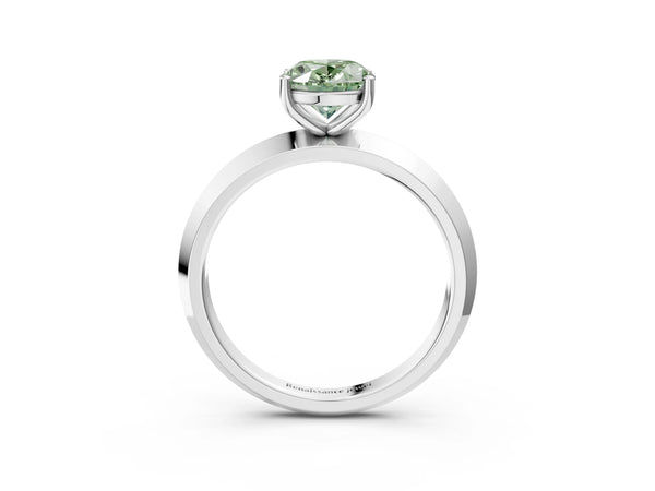 White gold Fancy Green Oval  Cut Solitaire Engagement Ring with Flat Band and Four-Prong Setting