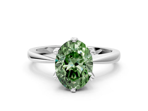 White gold Fancy Green Oval Cut Solitaire Engagement Ring with Six-Prong Setting and Tapered Band