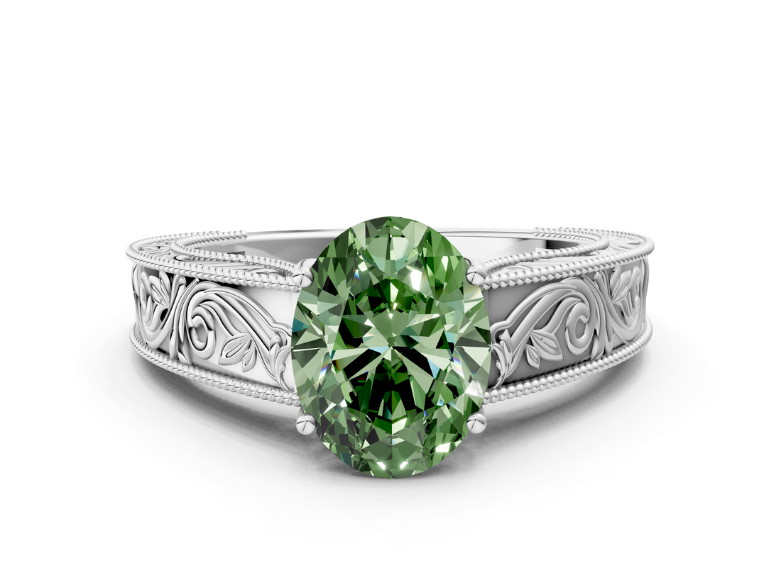 White gold Fancy Green Oval  Cut Solitaire Engraved Band with Four-Prong Setting_62