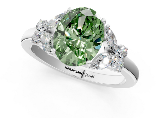 Platinum Fancy Green Oval  Cut Solitaire Floral Diamond Ring with Four-Prong Setting