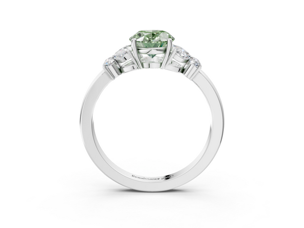 Platinum Fancy Green Oval  Cut Solitaire Floral Diamond Ring with Four-Prong Setting