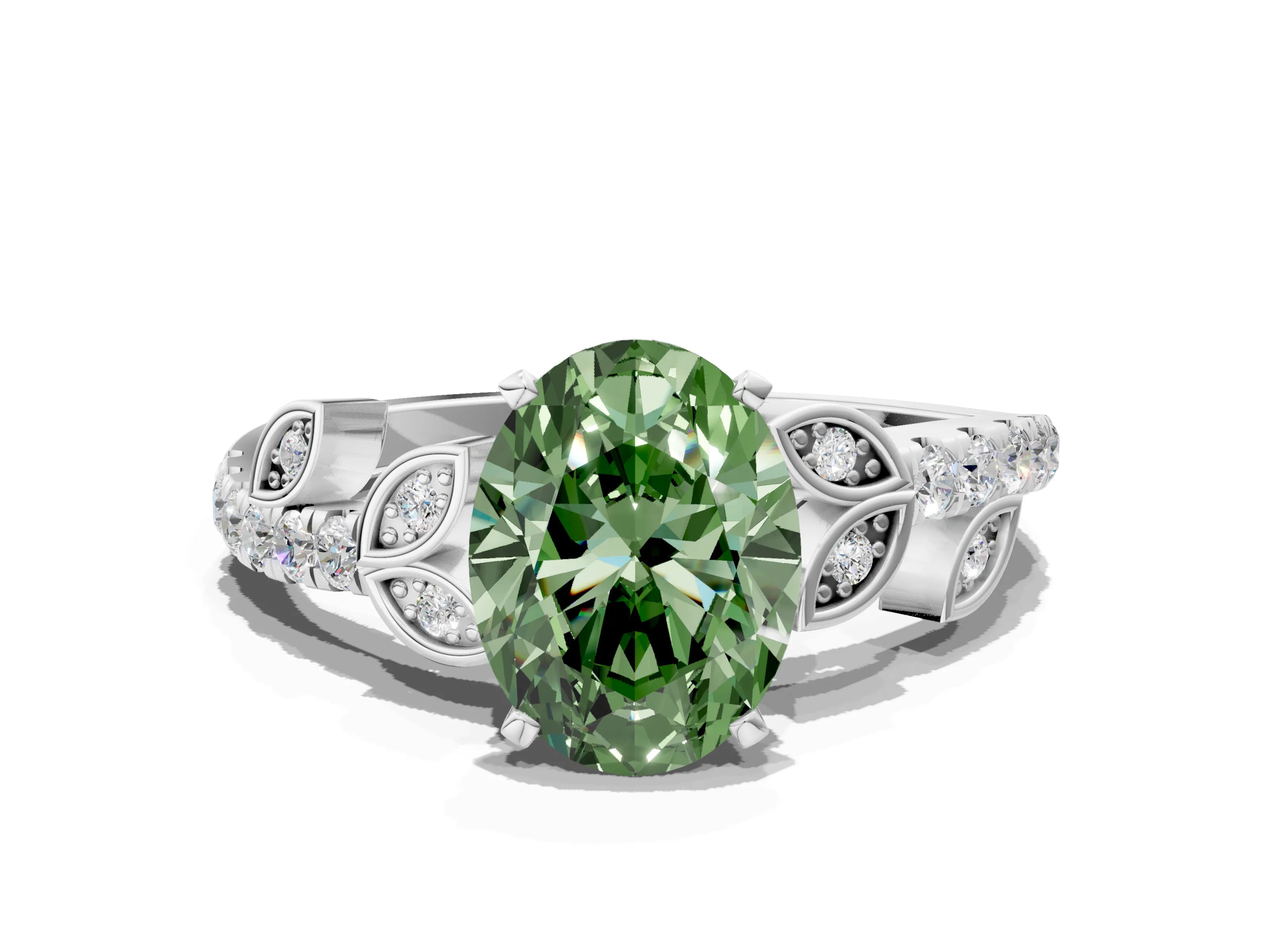 White gold Fancy Green Oval Cut Solitaire Leaf-Inspired Diamond Ring with Pavé Band and Four-Prong Setting_12
