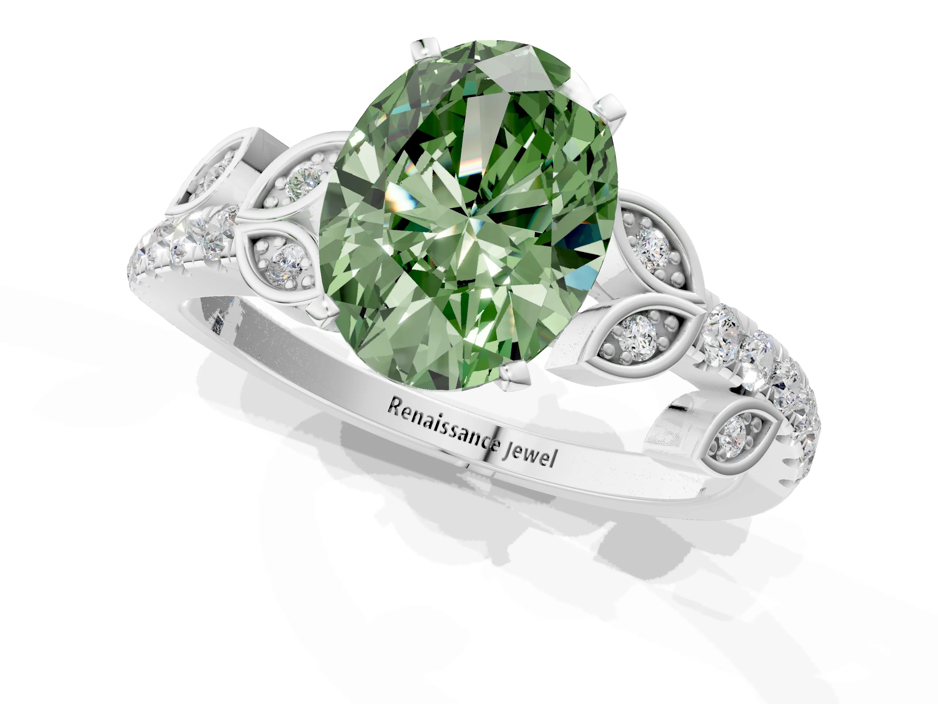 White gold Fancy Green Oval Cut Solitaire Leaf-Inspired Diamond Ring with Pavé Band and Four-Prong Setting_13