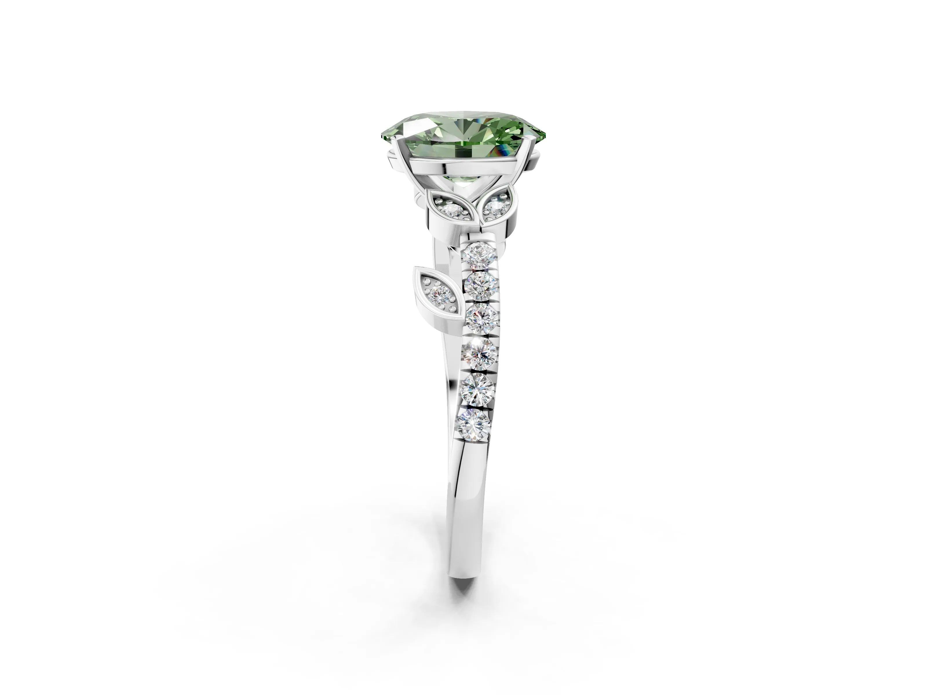 White gold Fancy Green Oval Cut Solitaire Leaf-Inspired Diamond Ring with Pavé Band and Four-Prong Setting_14