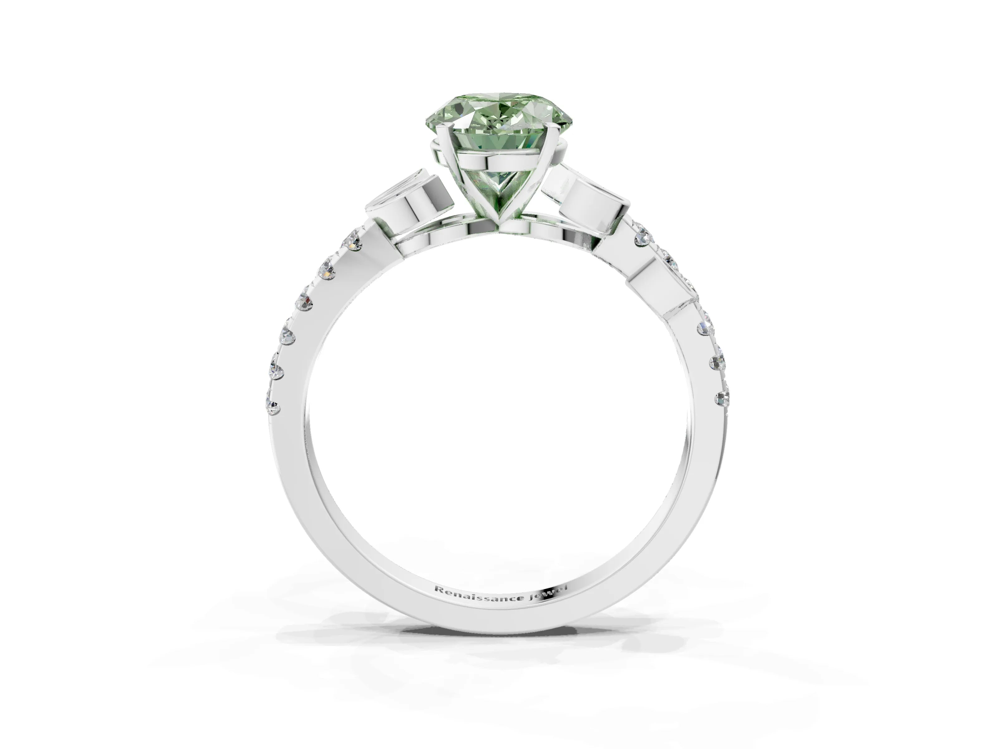 White gold Fancy Green Oval Cut Solitaire Leaf-Inspired Diamond Ring with Pavé Band and Four-Prong Setting_15