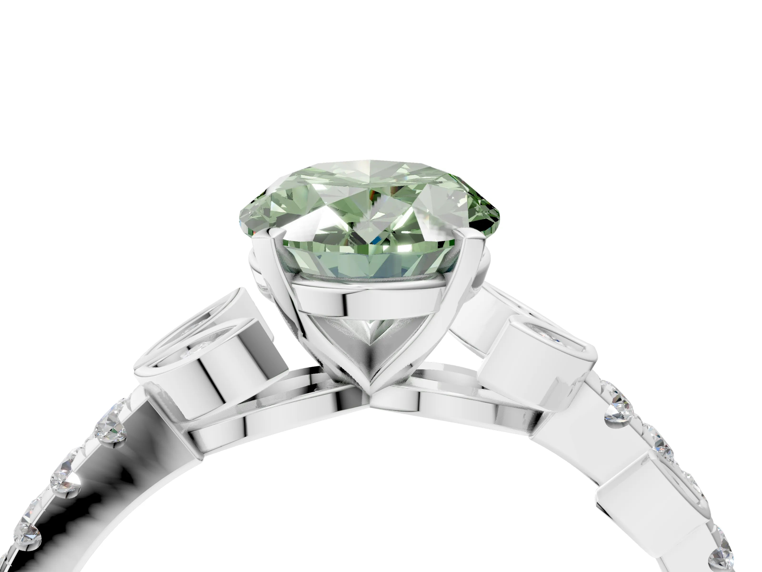 White gold Fancy Green Oval Cut Solitaire Leaf-Inspired Diamond Ring with Pavé Band and Four-Prong Setting_16