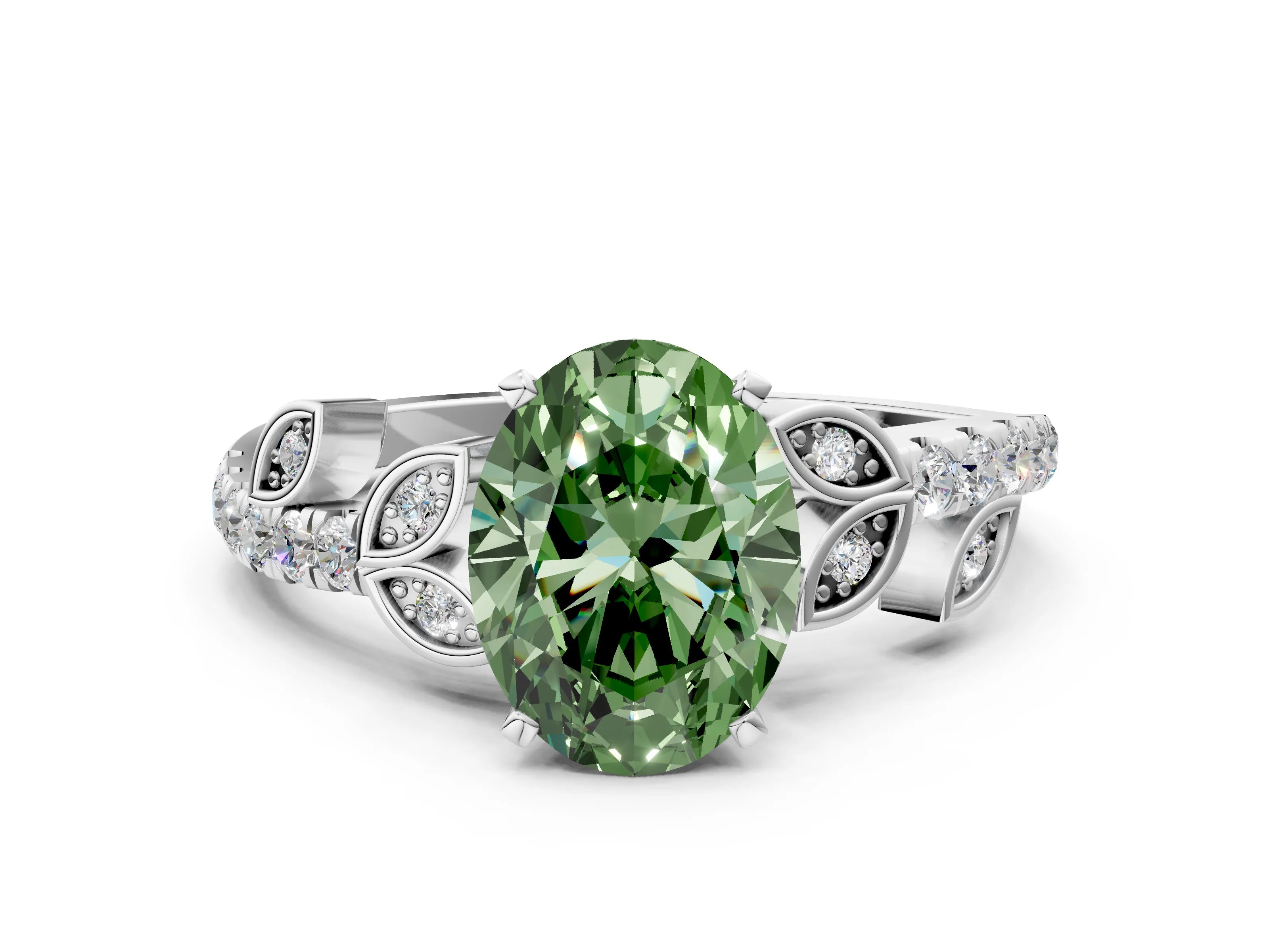 White gold Fancy Green Oval Cut Solitaire Leaf-Inspired Diamond Ring with Pavé Band and Four-Prong Setting_24