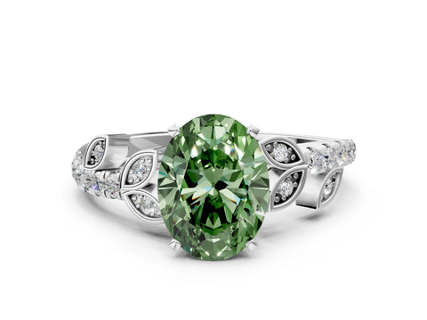White gold Fancy Green Oval Cut Solitaire Leaf-Inspired Diamond Ring with Pavé Band and Four-Prong Setting_24