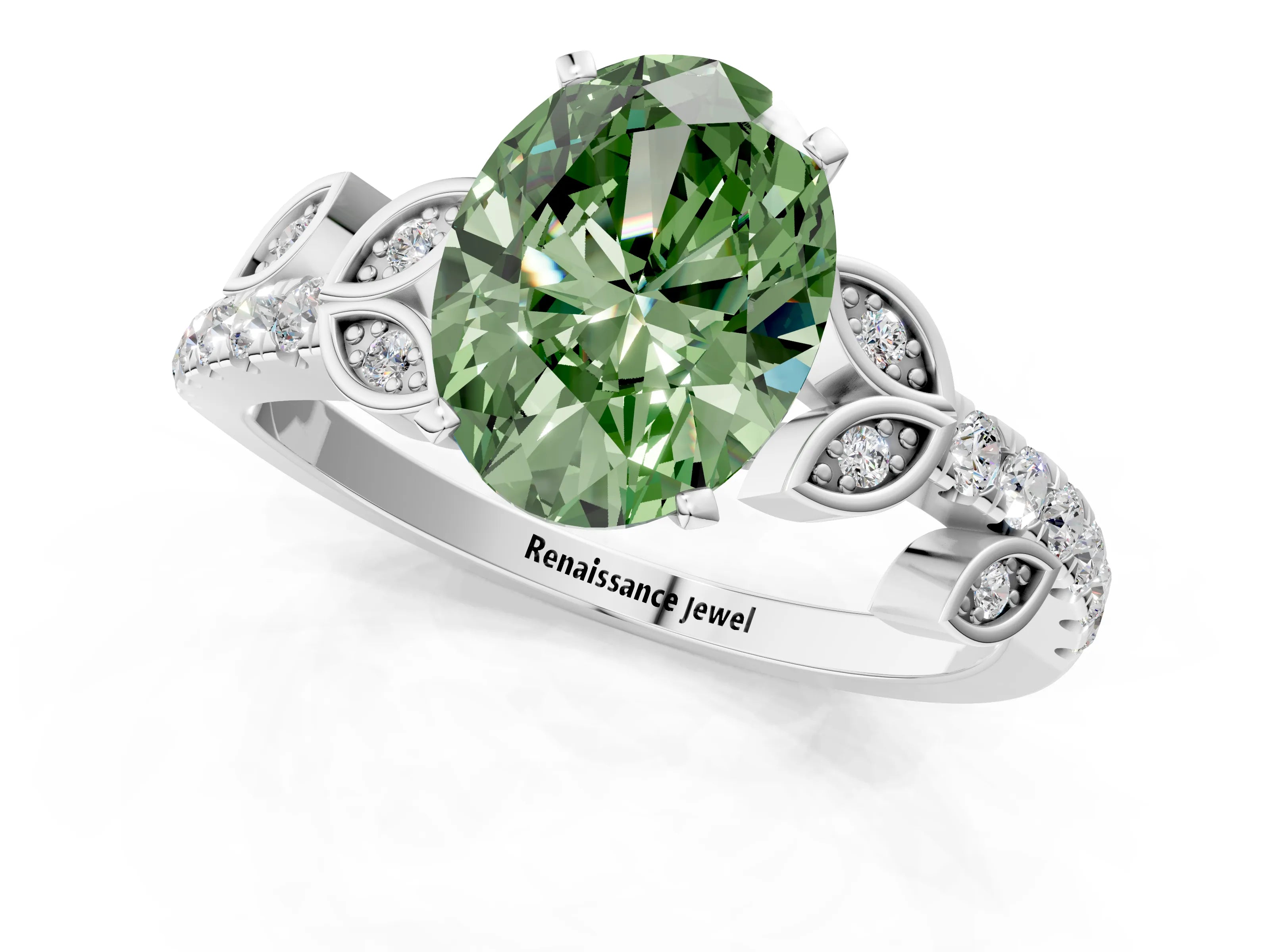 White gold Fancy Green Oval Cut Solitaire Leaf-Inspired Diamond Ring with Pavé Band and Four-Prong Setting_25