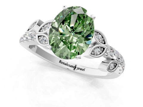 White gold Fancy Green Oval Cut Solitaire Leaf-Inspired Diamond Ring with Pavé Band and Four-Prong Setting_25