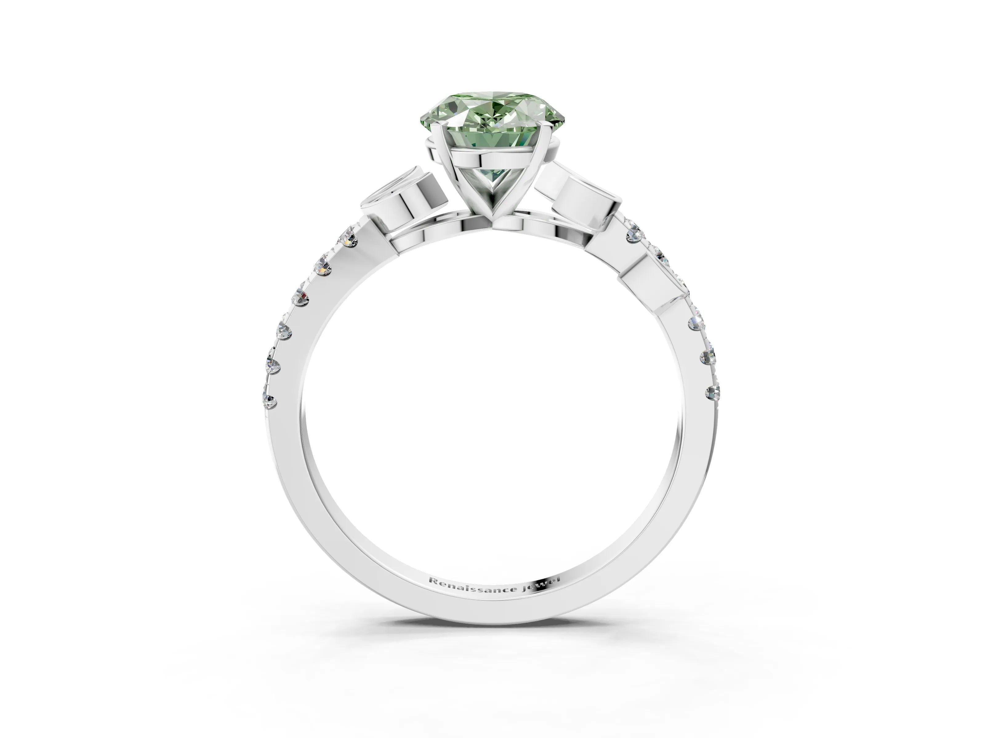 White gold Fancy Green Oval Cut Solitaire Leaf-Inspired Diamond Ring with Pavé Band and Four-Prong Setting_27