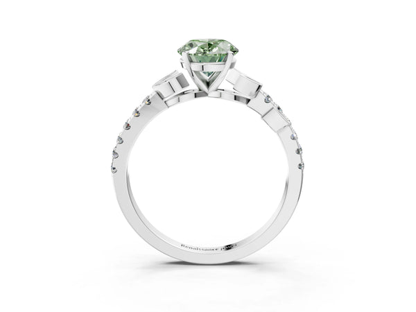 White gold Fancy Green Oval Cut Solitaire Leaf-Inspired Diamond Ring with Pavé Band and Four-Prong Setting