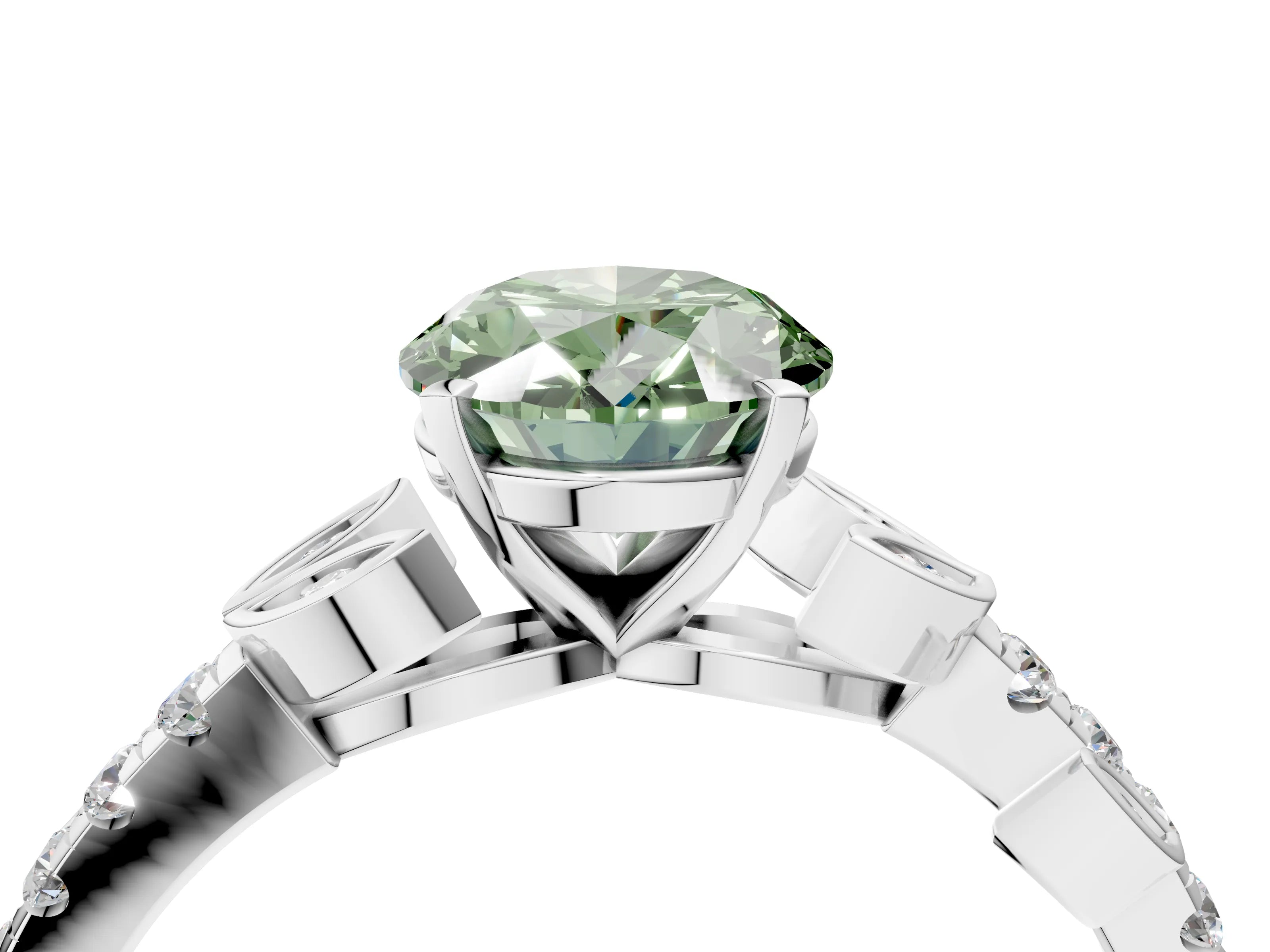 White gold Fancy Green Oval Cut Solitaire Leaf-Inspired Diamond Ring with Pavé Band and Four-Prong Setting_28