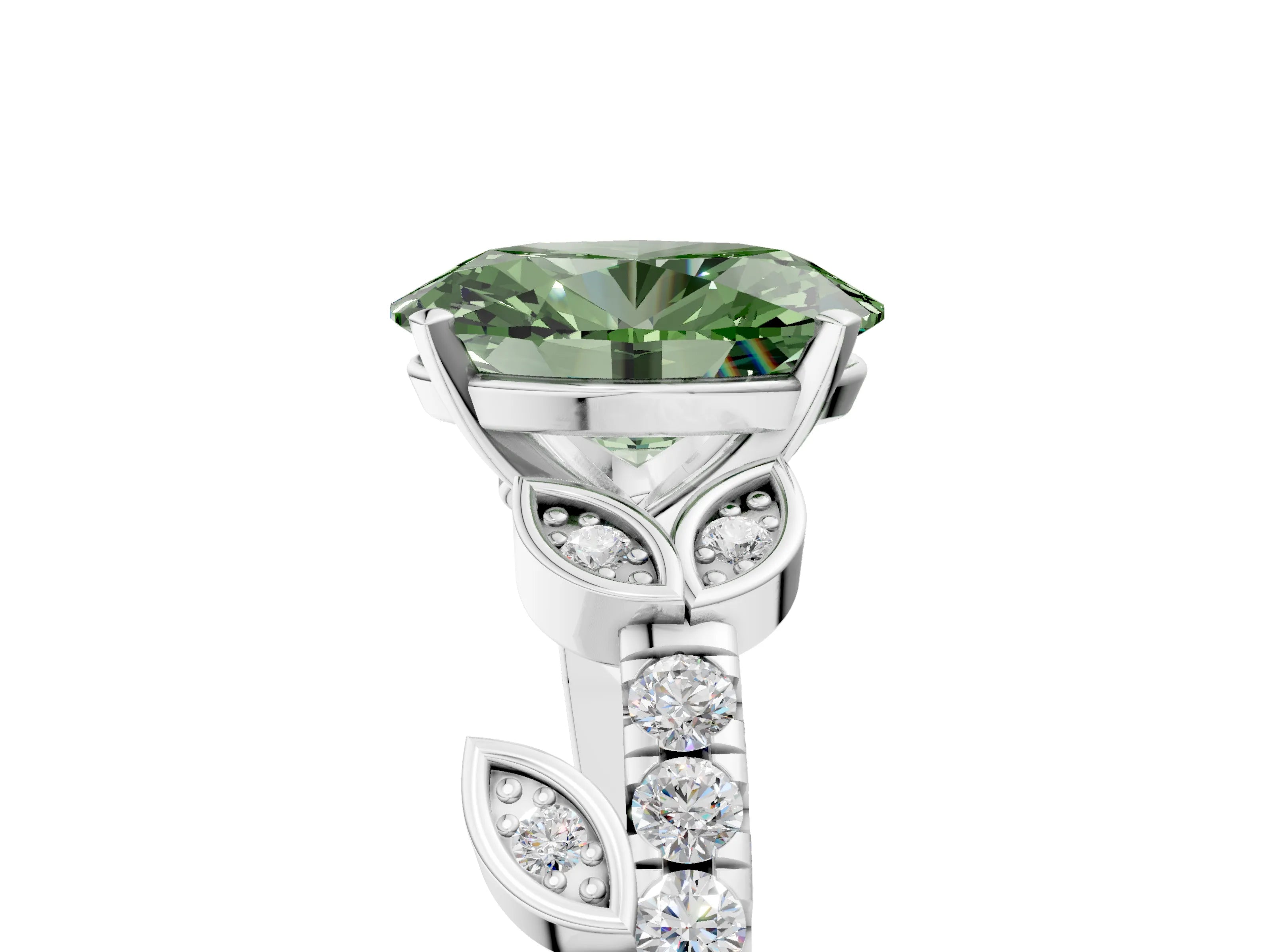 White gold Fancy Green Oval Cut Solitaire Leaf-Inspired Diamond Ring with Pavé Band and Four-Prong Setting_29