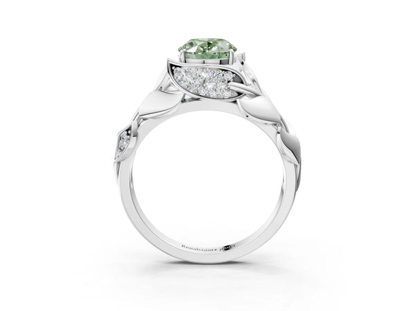 White Gold Oval Leaf Bypass Engagement Ring Setting for Fancy Green Center with Pave Leaf Panels