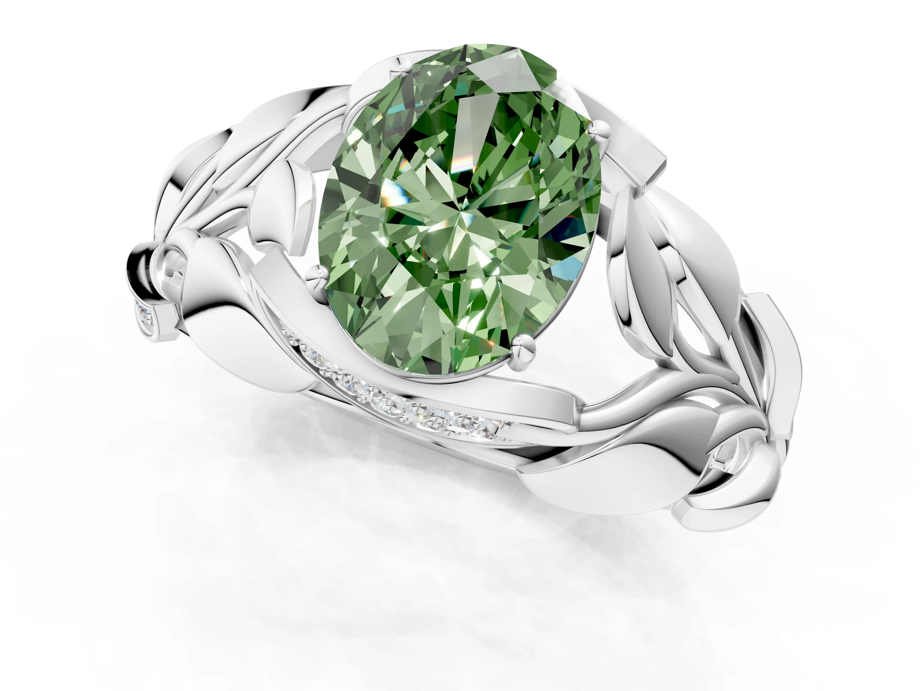 White gold Fancy Green Oval Cut Solitaire Leaf-Inspired Engagement Ring with Prong Setting_1