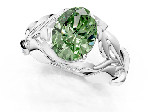 White gold Fancy Green Oval Cut Solitaire Leaf-Inspired Engagement Ring with Prong Setting_1