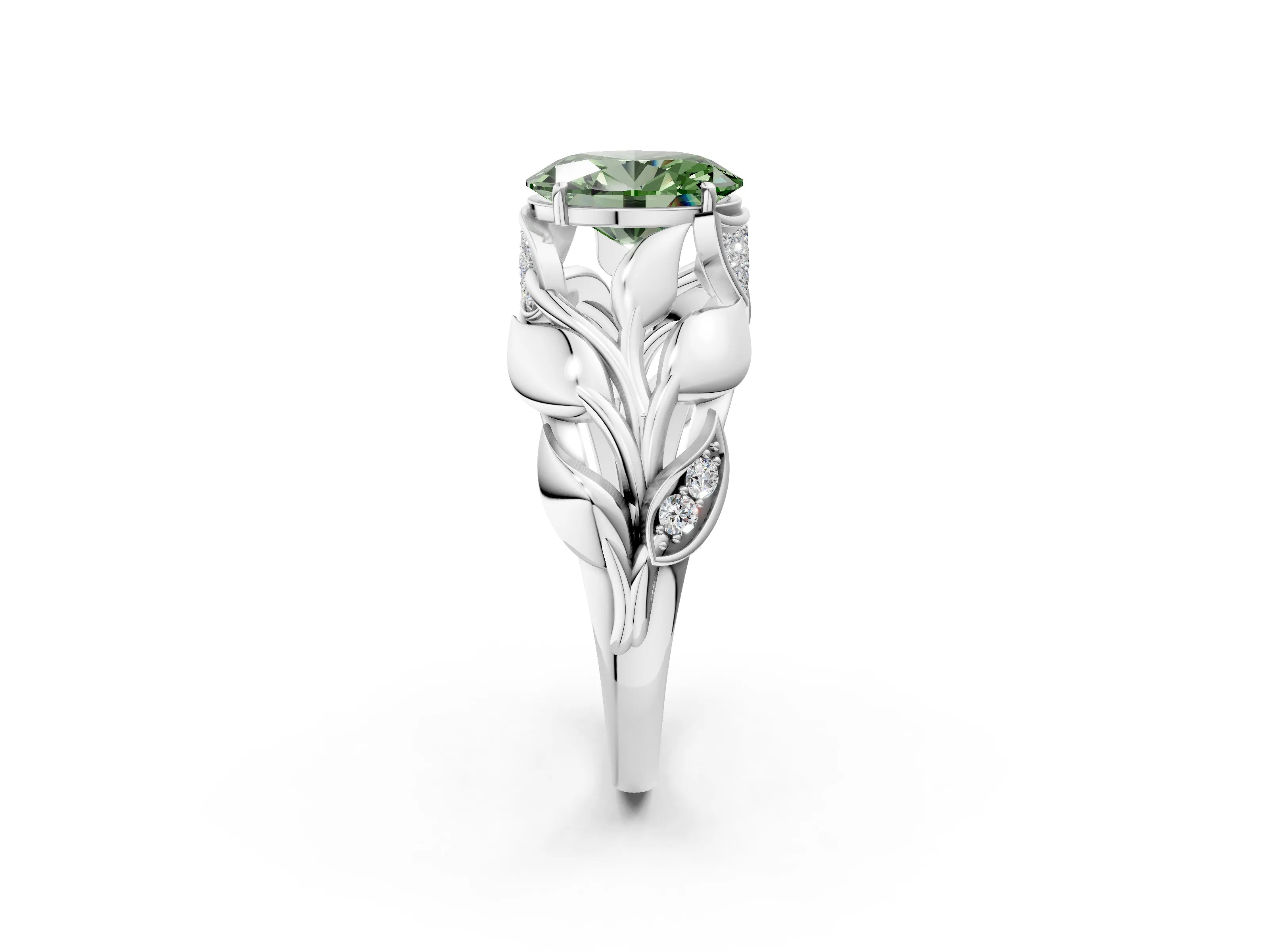 White gold Fancy Green Oval Cut Solitaire Leaf-Inspired Engagement Ring with Prong Setting_2