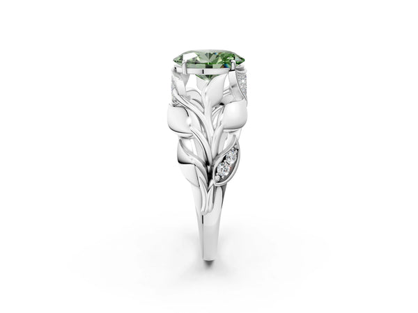 Platinum Fancy Green Oval Cut Solitaire Leaf-Inspired Engagement Ring with Prong Setting