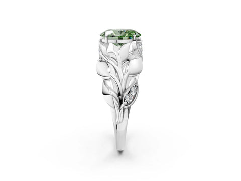 White gold Fancy Green Oval Cut Solitaire Leaf-Inspired Engagement Ring with Prong Setting_2