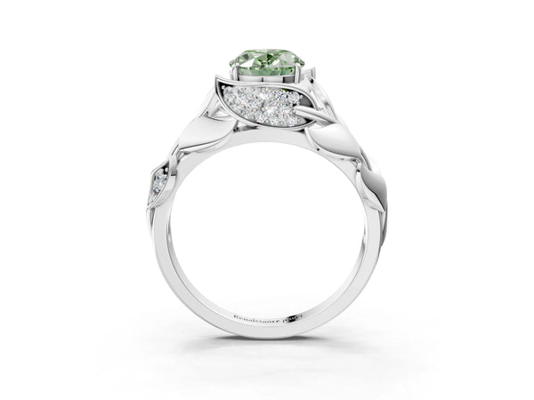 Platinum Fancy Green Oval Cut Solitaire Leaf-Inspired Engagement Ring with Prong Setting