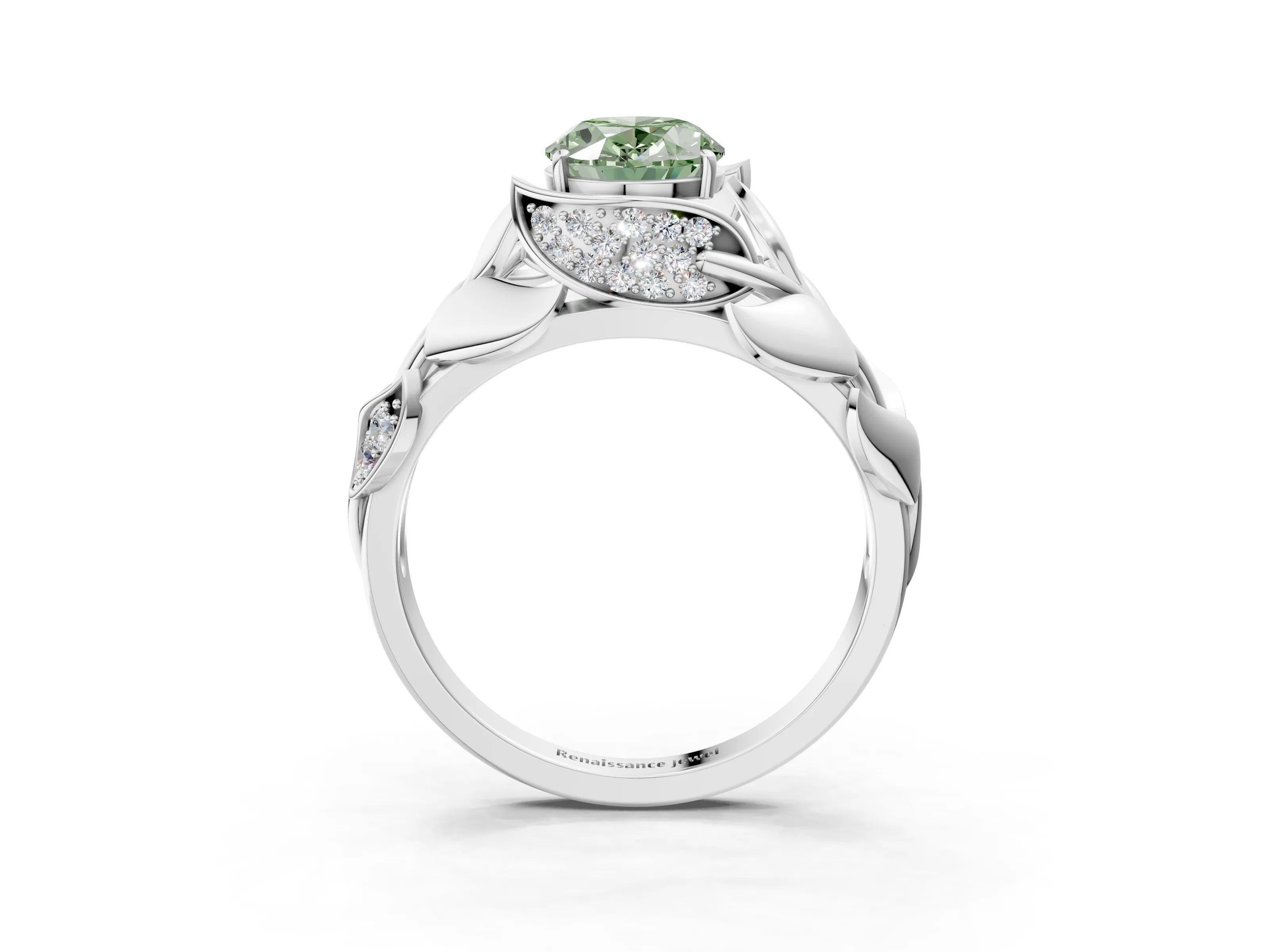 White gold Fancy Green Oval Cut Solitaire Leaf-Inspired Engagement Ring with Prong Setting_3