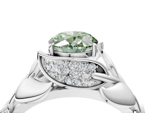 White gold Fancy Green Oval Cut Solitaire Leaf-Inspired Engagement Ring with Prong Setting_4