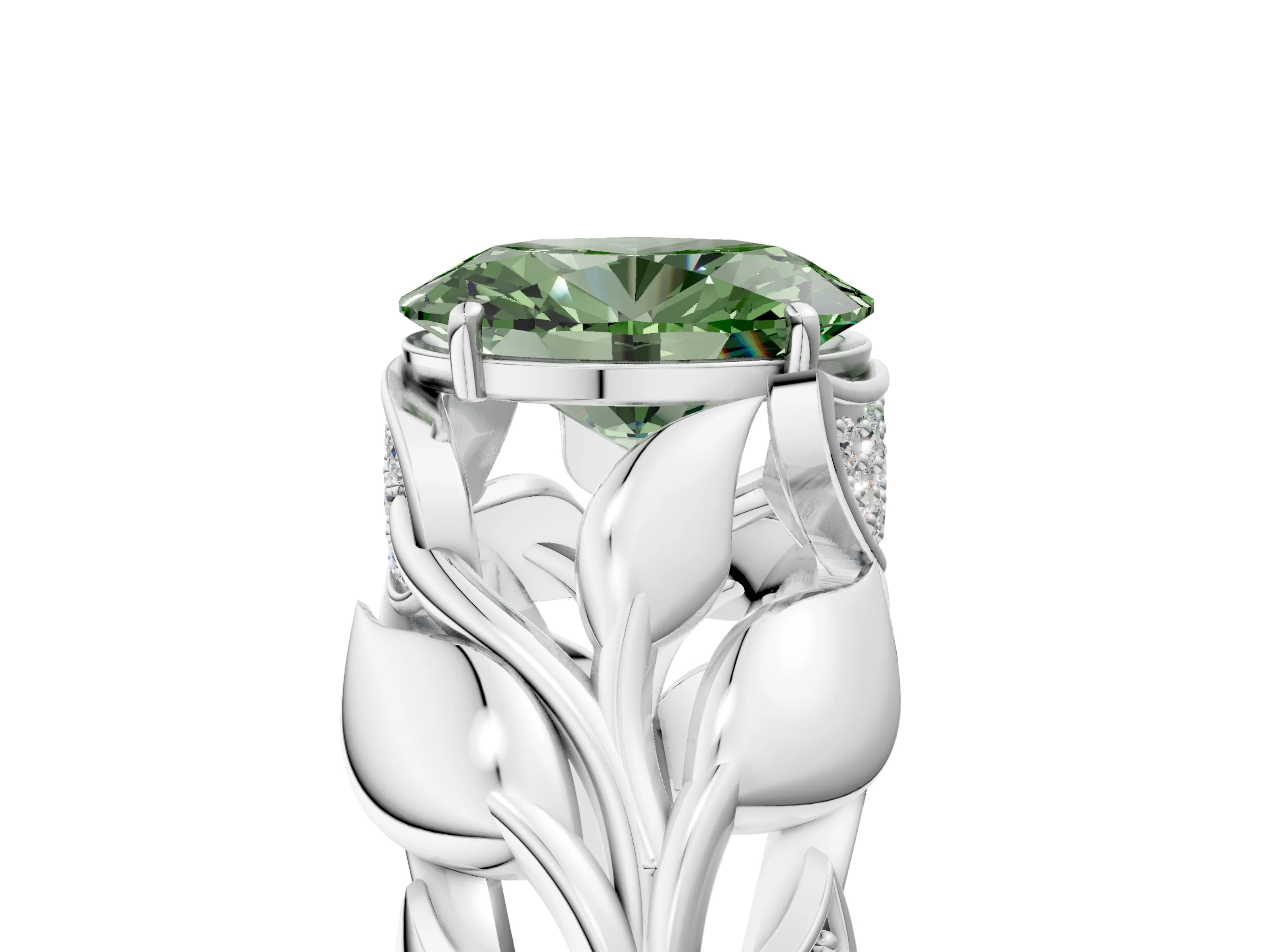 White gold Fancy Green Oval Cut Solitaire Leaf-Inspired Engagement Ring with Prong Setting_5