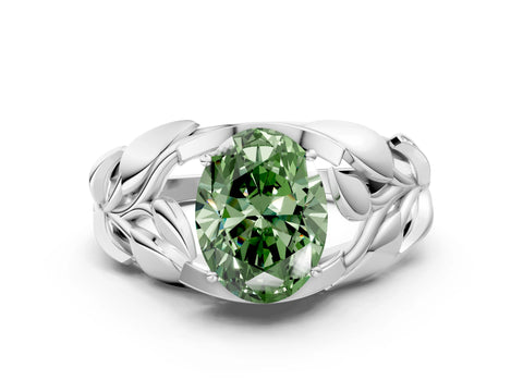 White gold Fancy Green Oval Cut Solitaire Leaf-Inspired Engagement Ring with Prong Setting