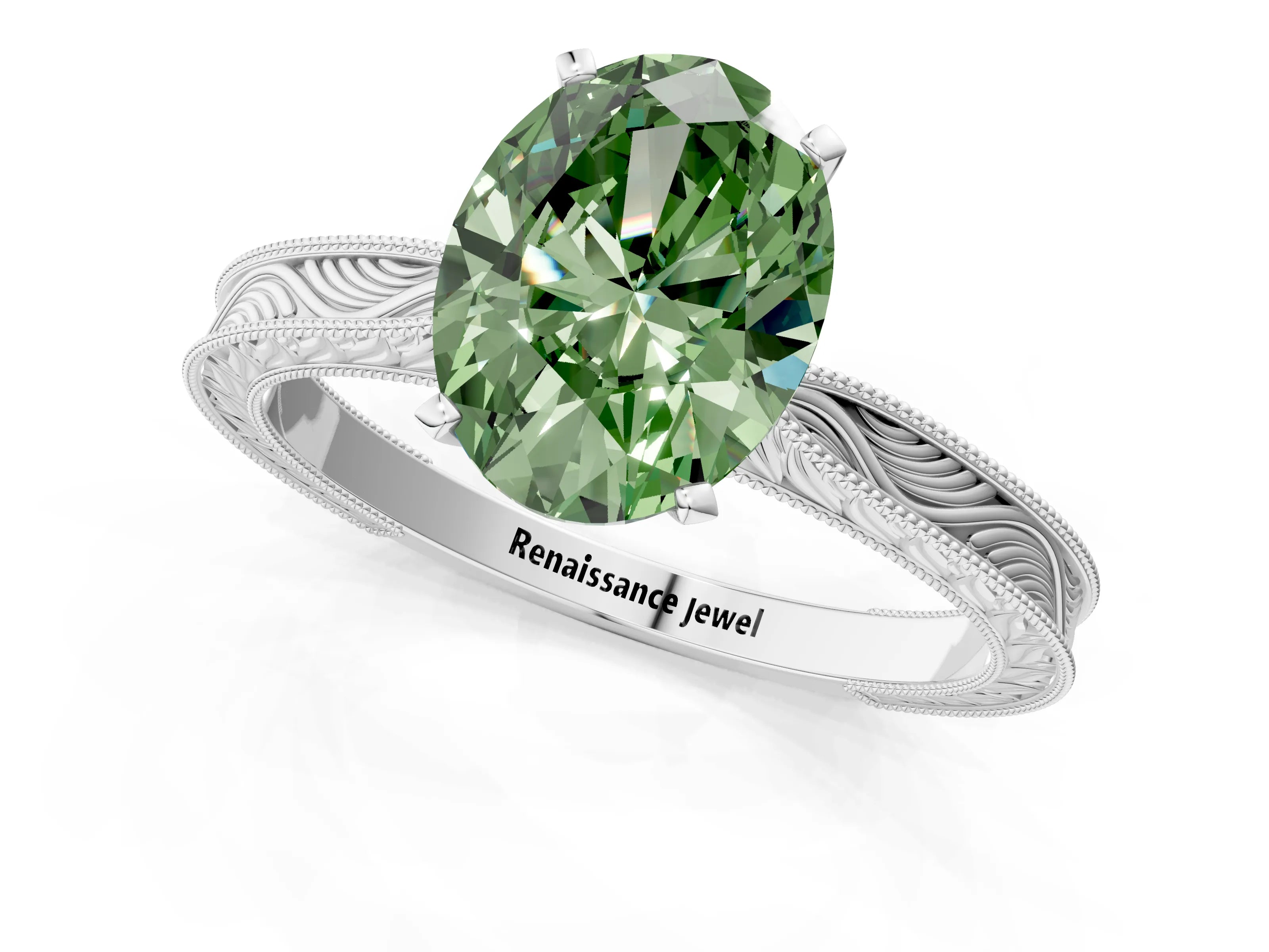 White gold Fancy Green Oval Cut Solitaire Milgrain Engraved Band with Four-Prong Setting_1