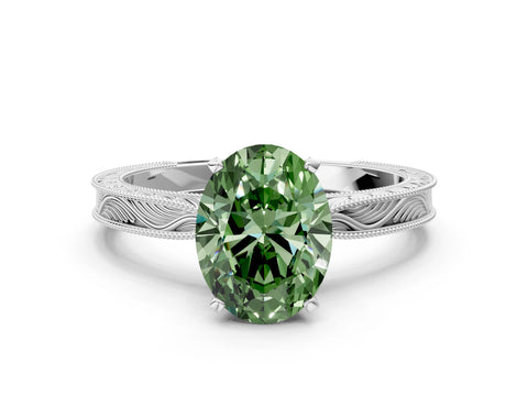 White gold Fancy Green Oval Cut Solitaire Milgrain Engraved Band with Four-Prong Setting_12