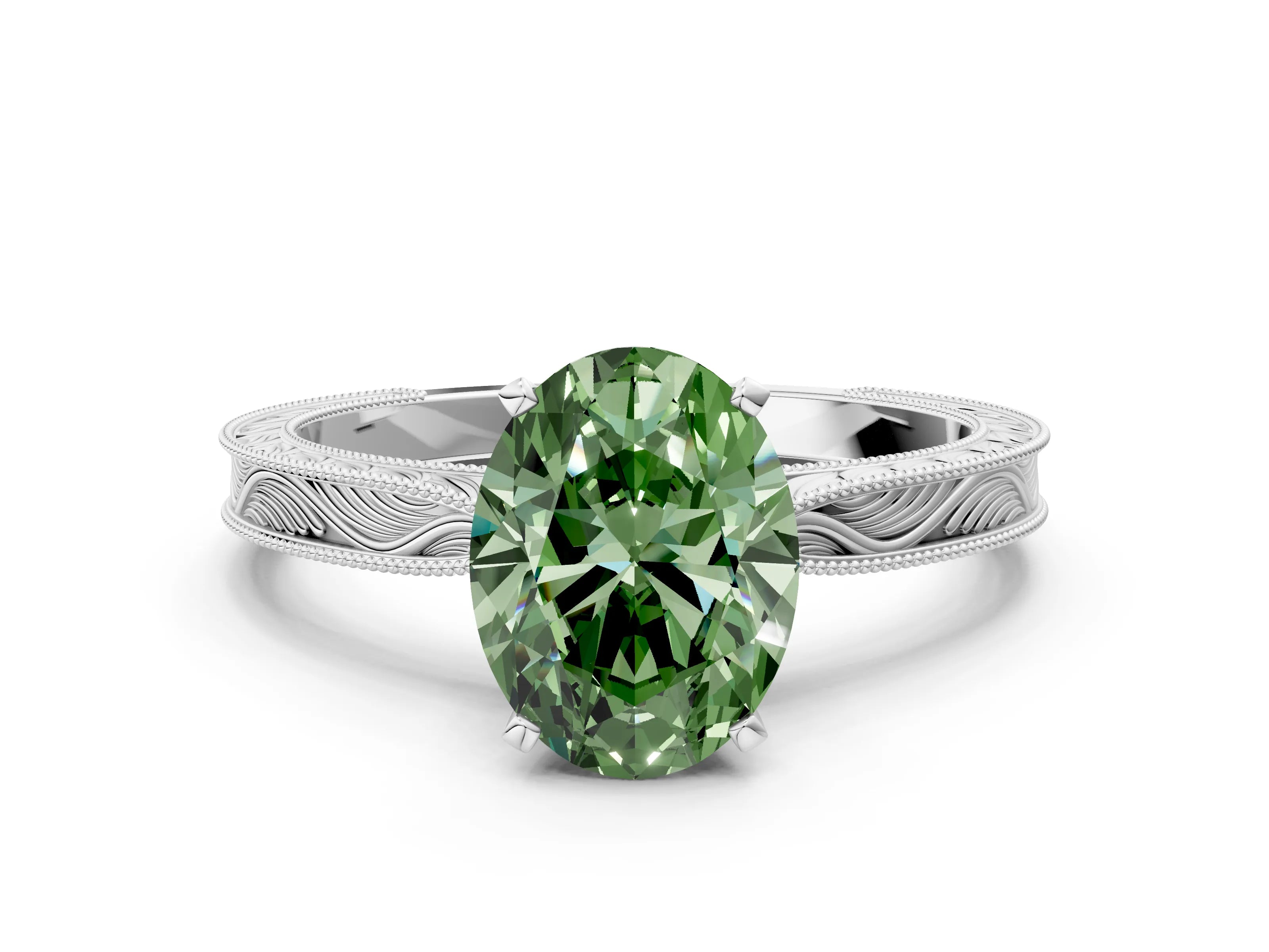 White gold Fancy Green Oval Cut Solitaire Milgrain Engraved Band with Four-Prong Setting_12