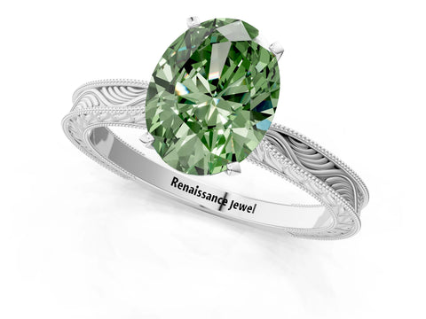 White gold Fancy Green Oval Cut Solitaire Milgrain Engraved Band with Four-Prong Setting_13