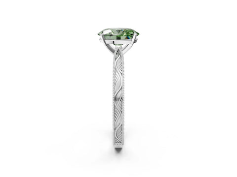 White gold Fancy Green Oval Cut Solitaire Milgrain Engraved Band with Four-Prong Setting_14