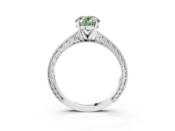 Platinum Oval Solitaire Engagement Ring Setting for Fancy Green Center with Engraved Band