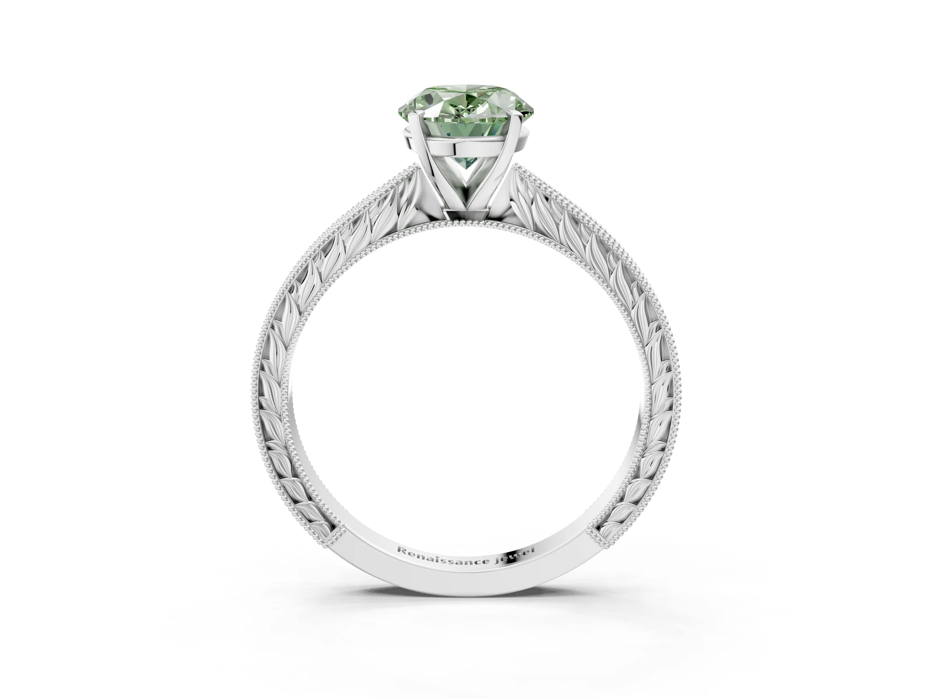 White gold Fancy Green Oval Cut Solitaire Milgrain Engraved Band with Four-Prong Setting_15