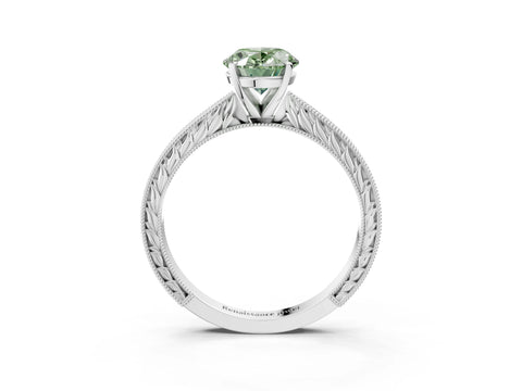 White gold Fancy Green Oval Cut Solitaire Milgrain Engraved Band with Four-Prong Setting_15