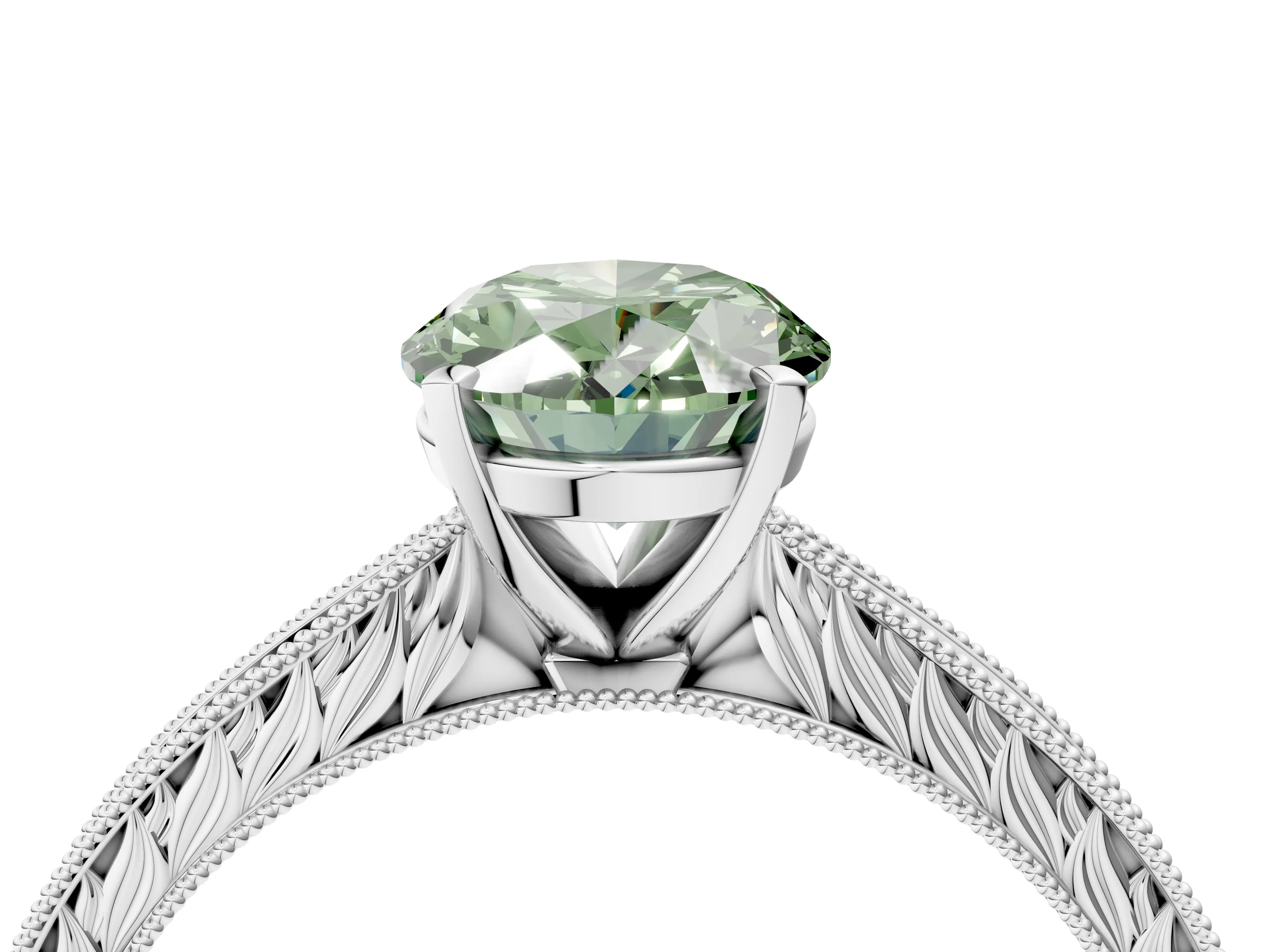 White gold Fancy Green Oval Cut Solitaire Milgrain Engraved Band with Four-Prong Setting_16