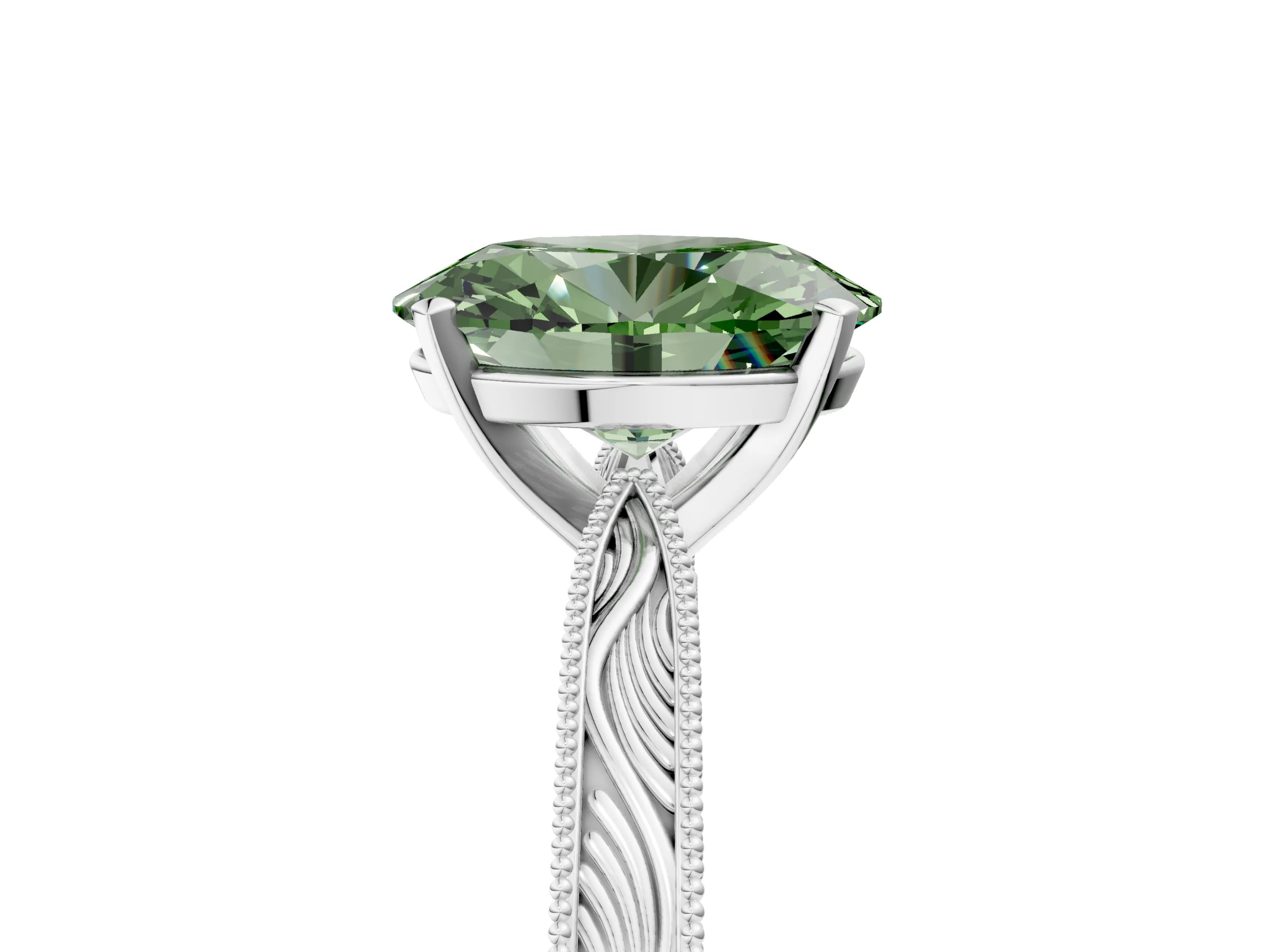 White gold Fancy Green Oval Cut Solitaire Milgrain Engraved Band with Four-Prong Setting_17