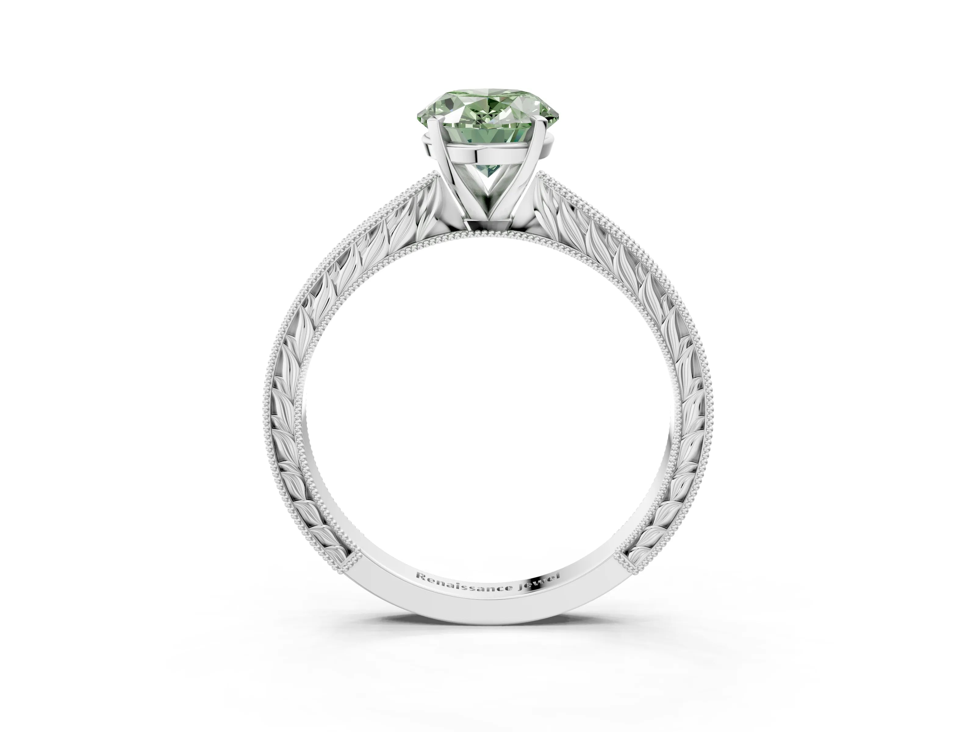 White gold Fancy Green Oval Cut Solitaire Milgrain Engraved Band with Four-Prong Setting_3