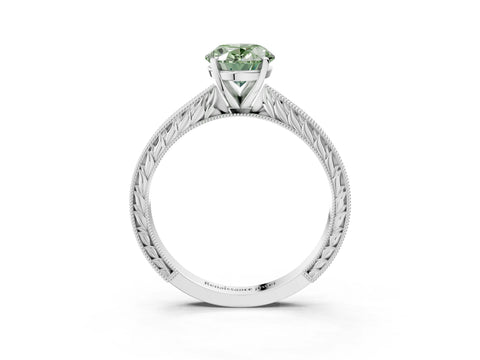 White gold Fancy Green Oval Cut Solitaire Milgrain Engraved Band with Four-Prong Setting_3