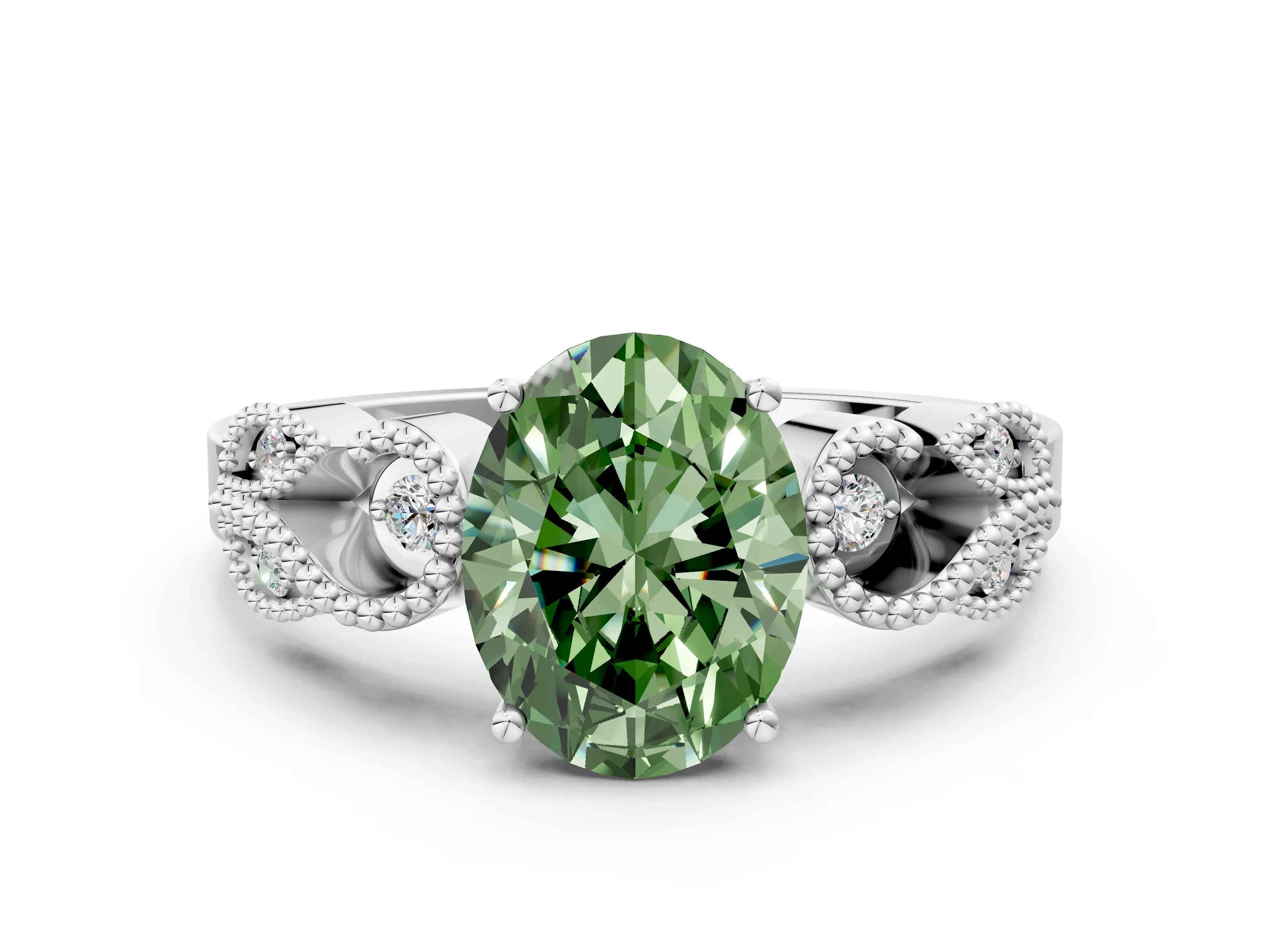 White gold Fancy Green Oval Cut Solitaire Milgrain Leaf Band with Prong Setting_12