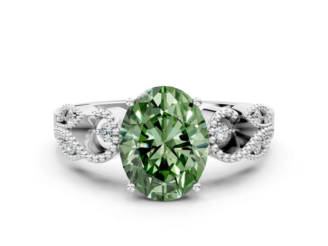 White gold Fancy Green Oval Cut Solitaire Milgrain Leaf Band with Prong Setting_12