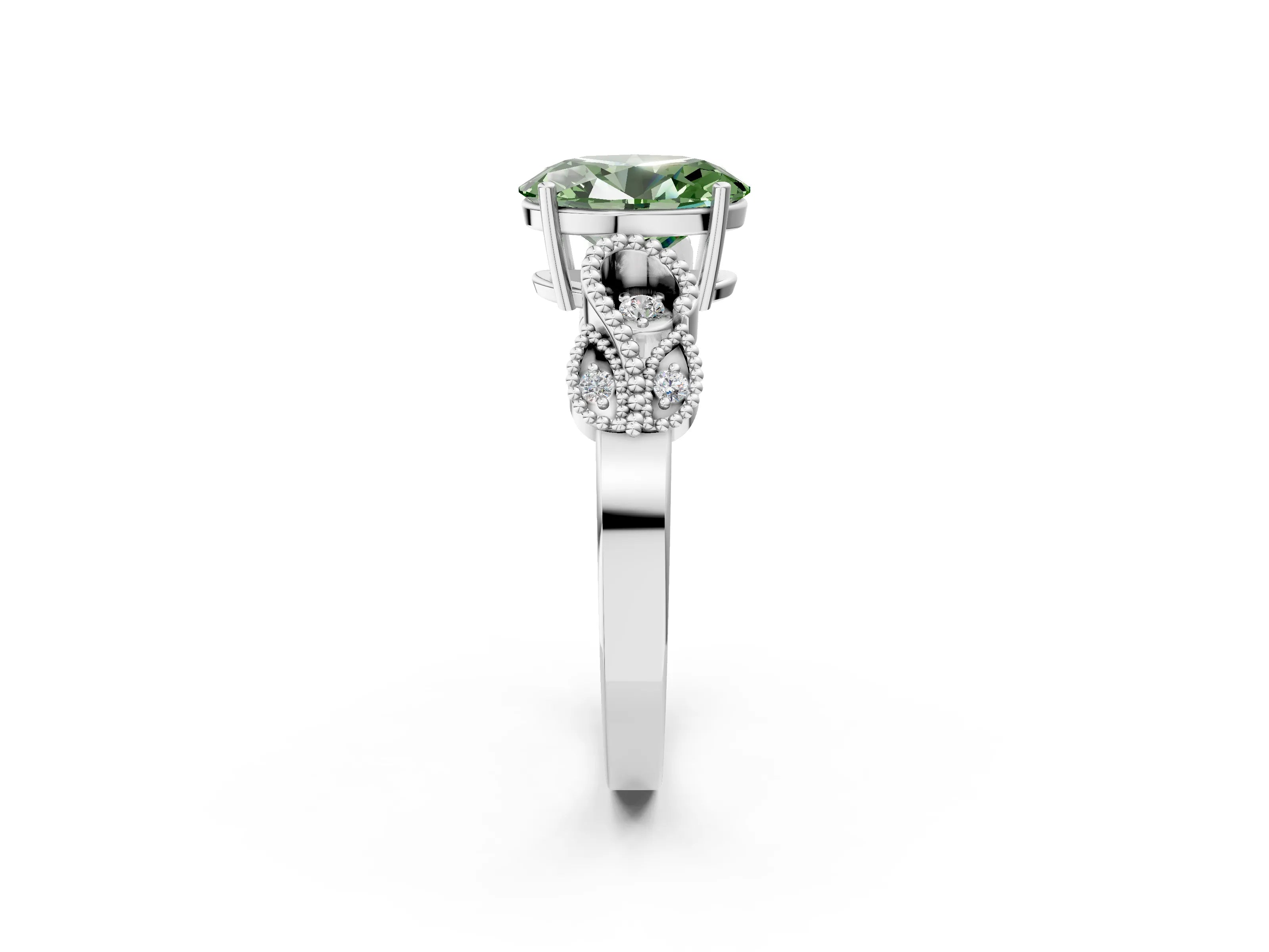 White gold Fancy Green Oval Cut Solitaire Milgrain Leaf Band with Prong Setting_14